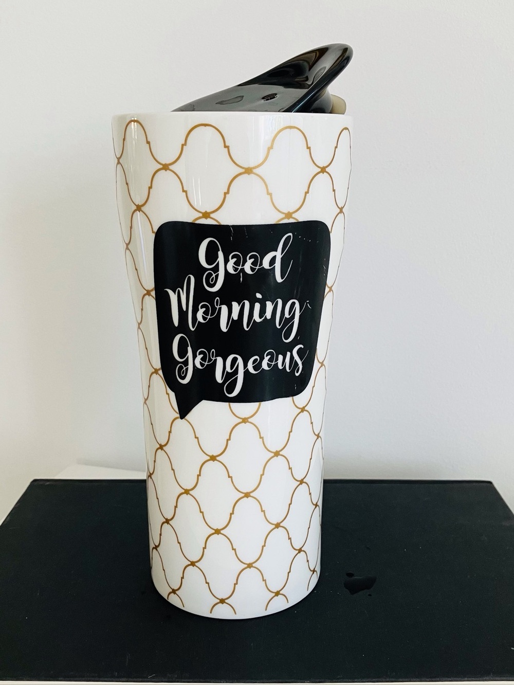 Ciroa Good Morning Gorgeous Travel Mug Porcelain Coffee Cup Black Lid Gold